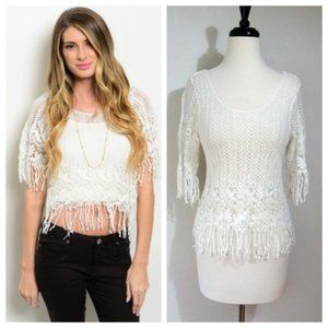 Boho Fringe White Floral Crochet Fringe Loose Knit Short Sleeve Top